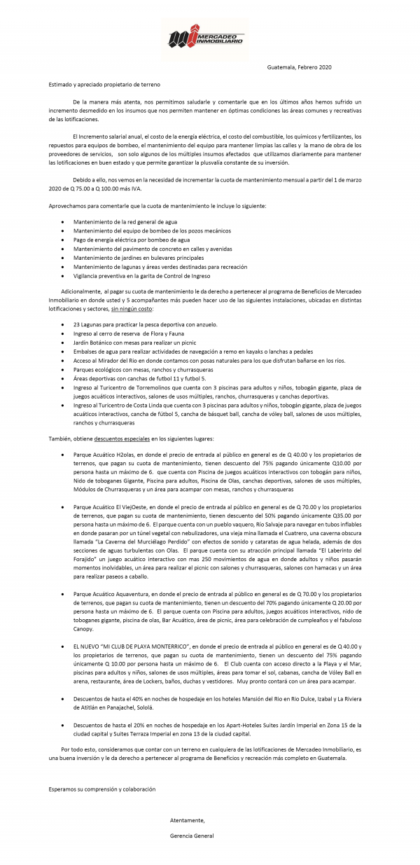 Carta de Incremento de cuota de Mantenimiento  Mercadeo Inmobiliario, S.A.